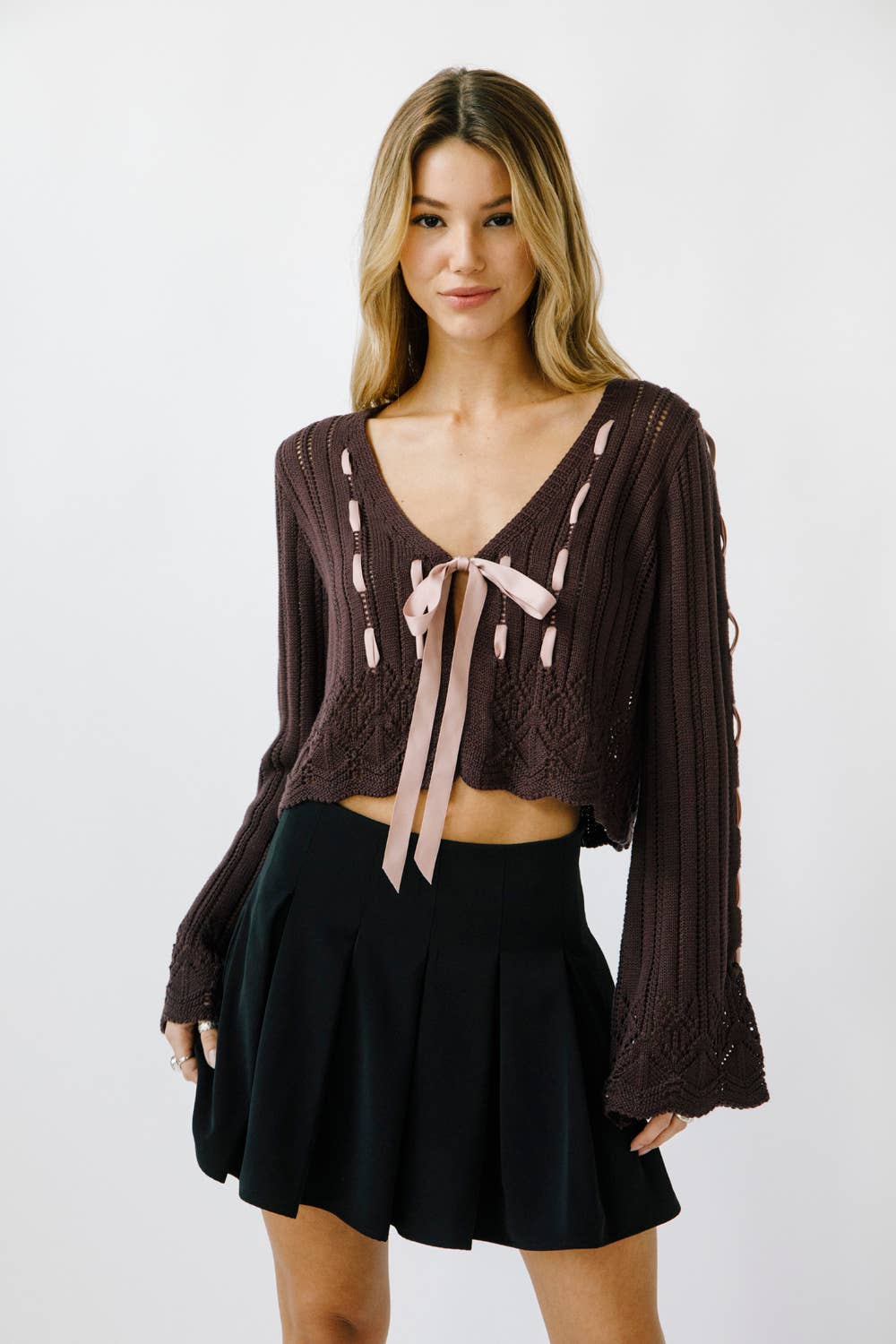 Black Lace Ribbon Cardigan: S