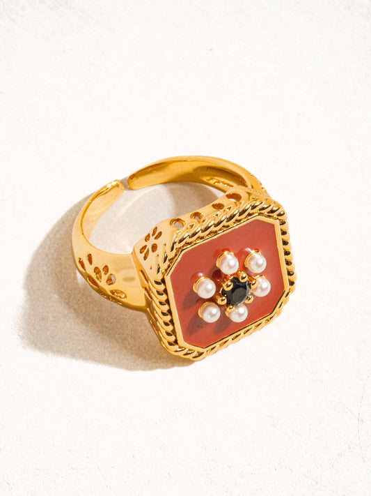 18K Gold Red Enamel Vintage Ring