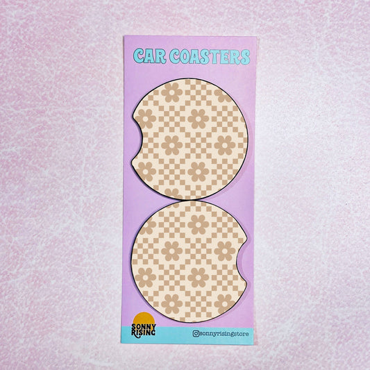Neutral Checkered Daisy Car Coasters