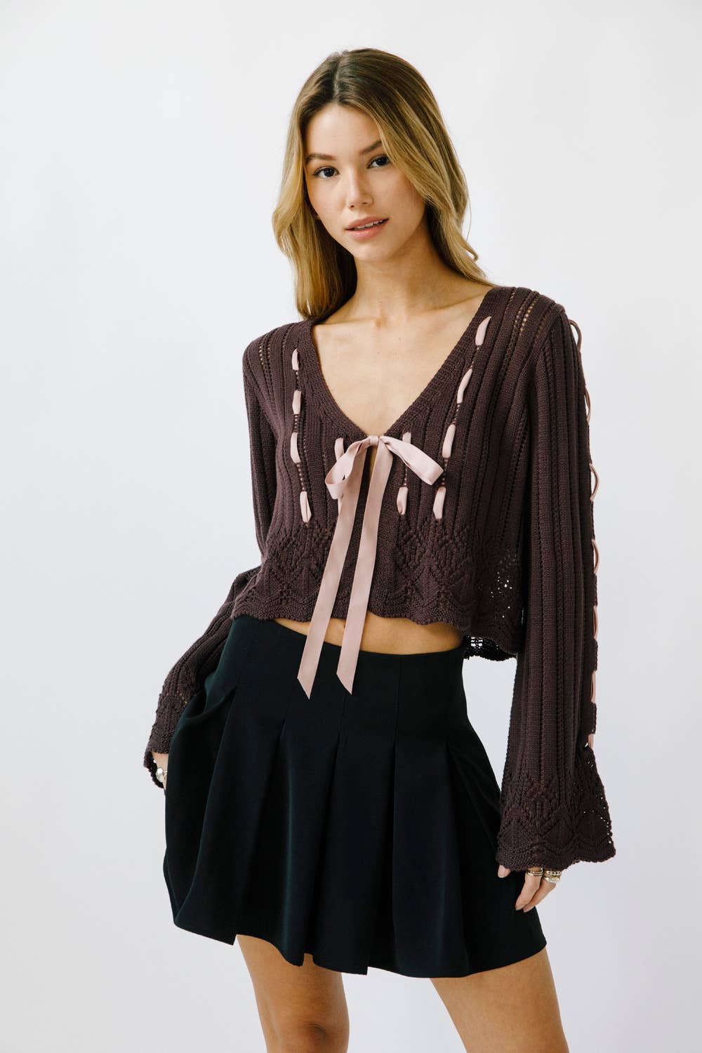 Black Lace Ribbon Cardigan: S