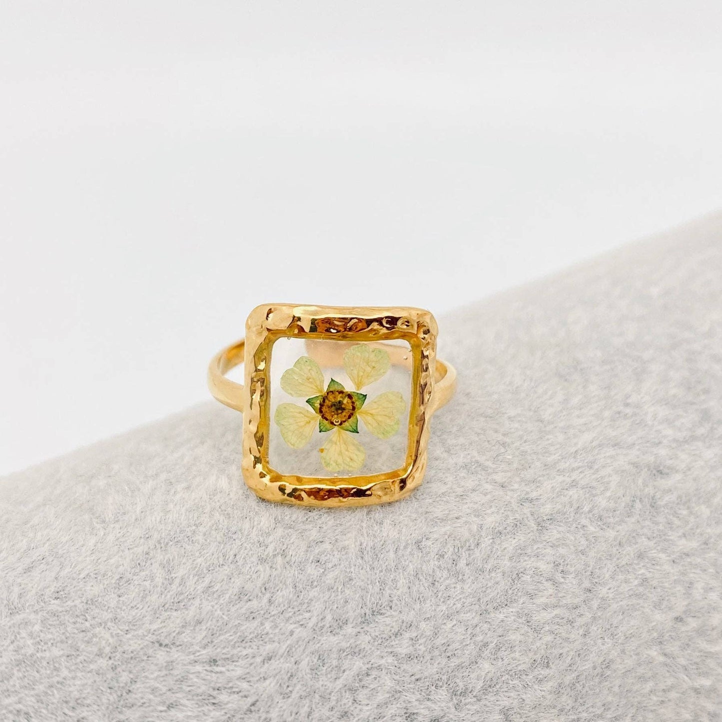 18K Gold Plated Stainless Steel Adjustable Floral Ring: Square - Green